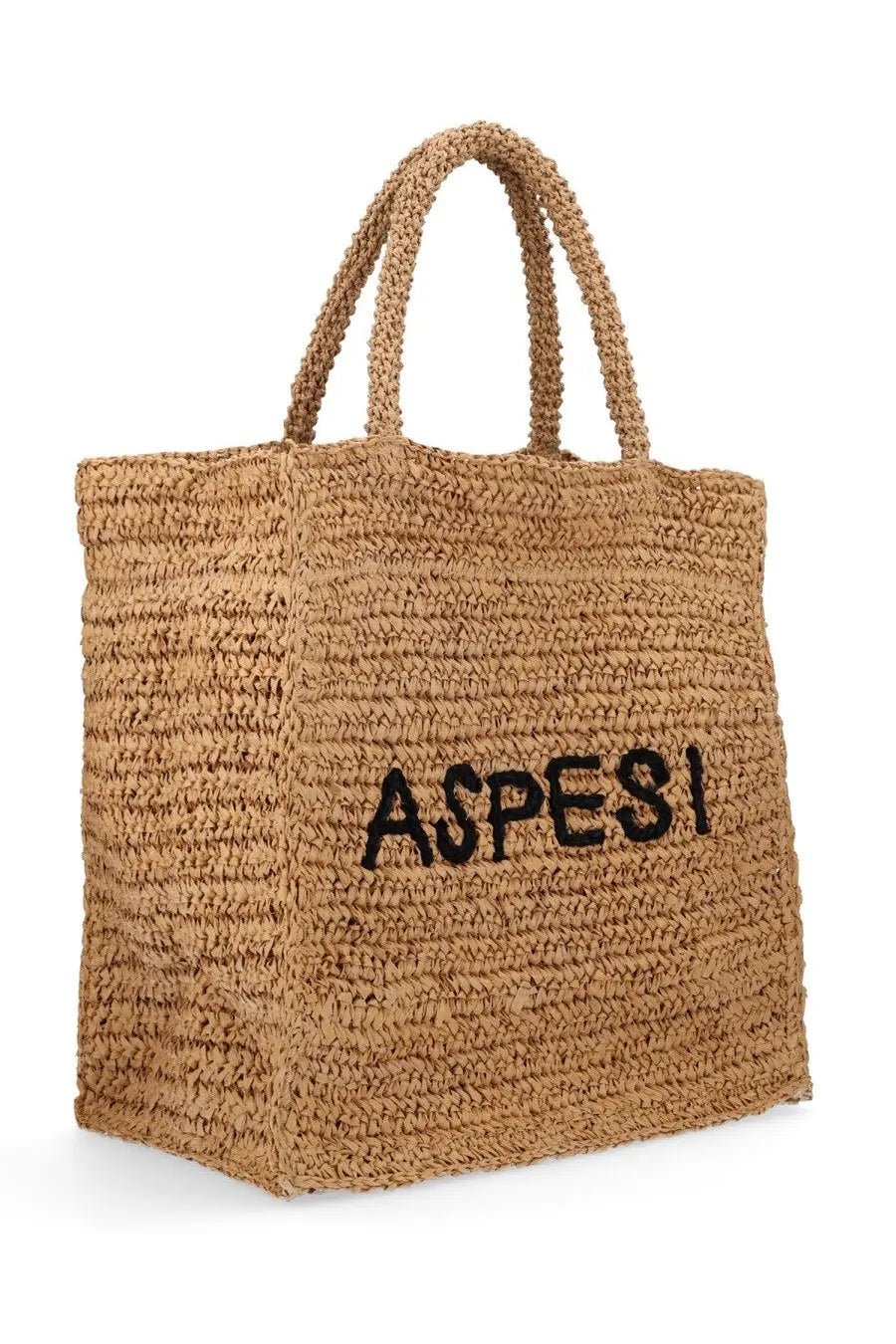 Aspesi women’s shopper bag beige tan woven straw tote with braided handles and black embroidered lettering