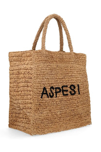 Aspesi women’s shopper bag beige tan woven straw tote with braided handles and black embroidered lettering
