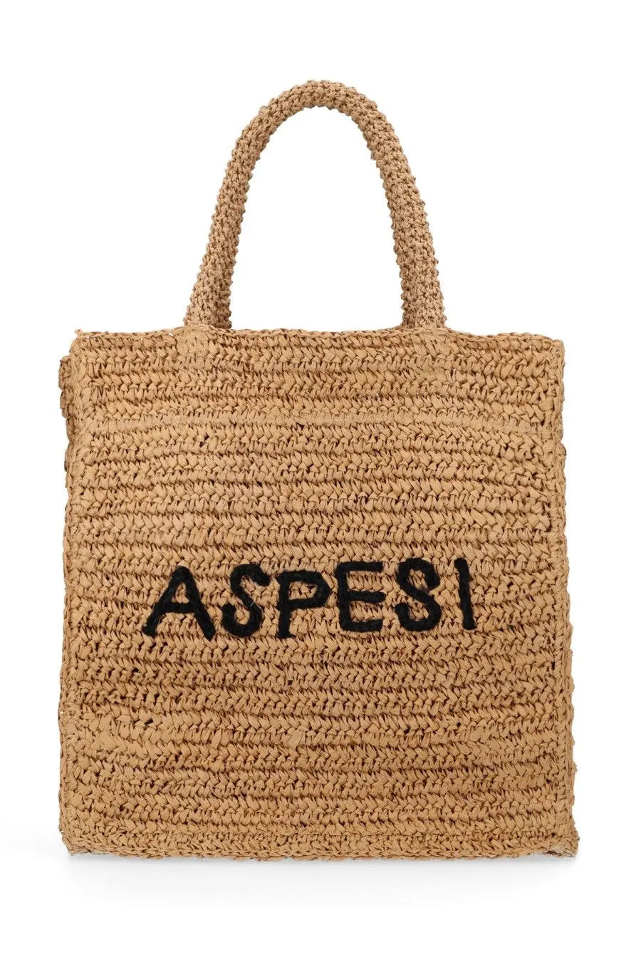 Beige woven straw tote bag with black embroidered aspesi logo for women shopper use by aspesi