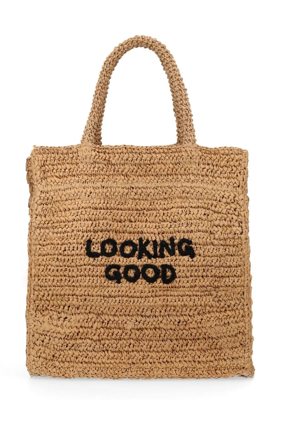 Beige woven straw tote bag by Aspesi with black embroidered looking good text perfect for shopping and casual use
