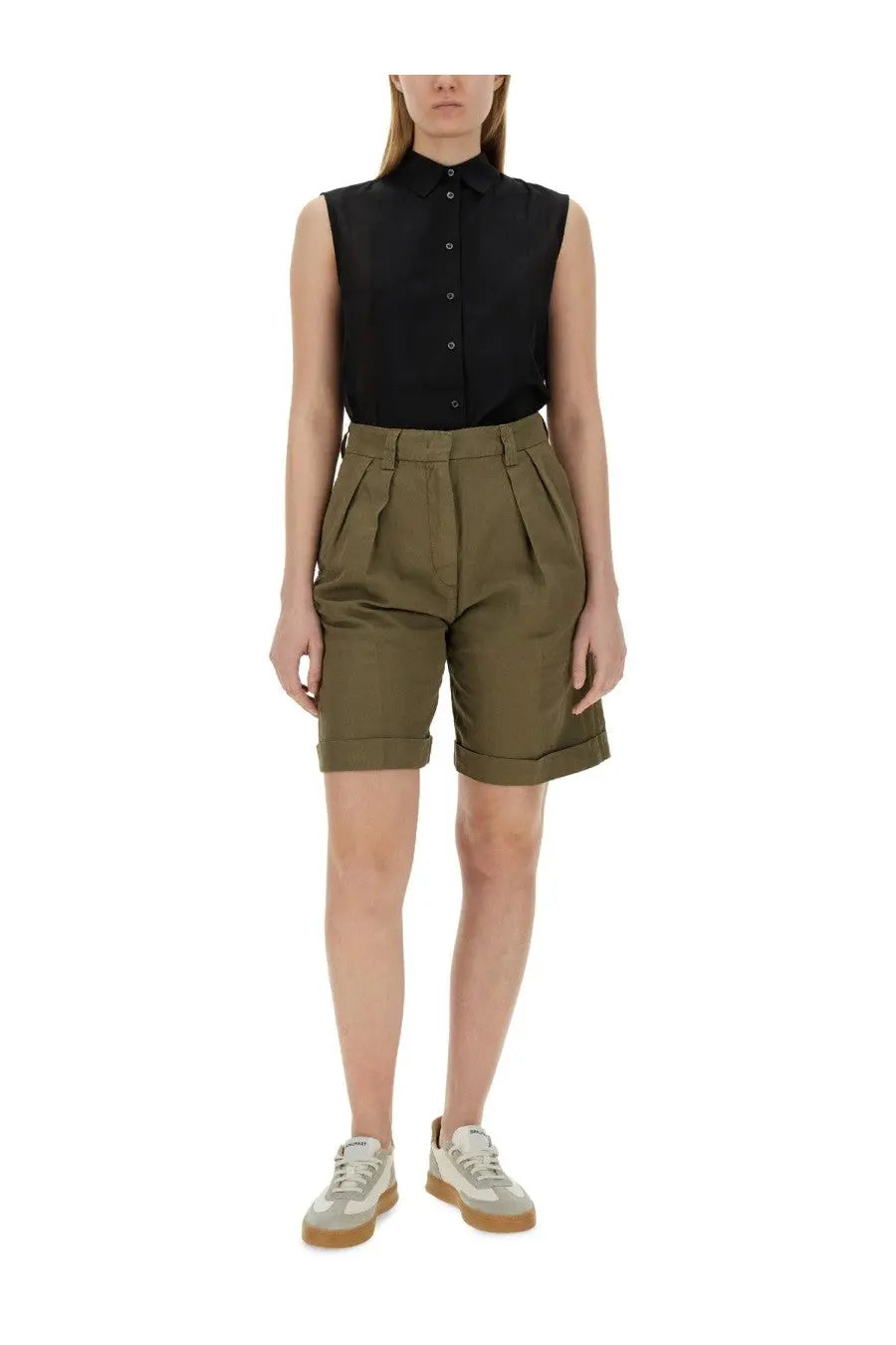 Olive green pleated shorts with rolled cuffs paired with aspesi women’s black silk blend shirt front view