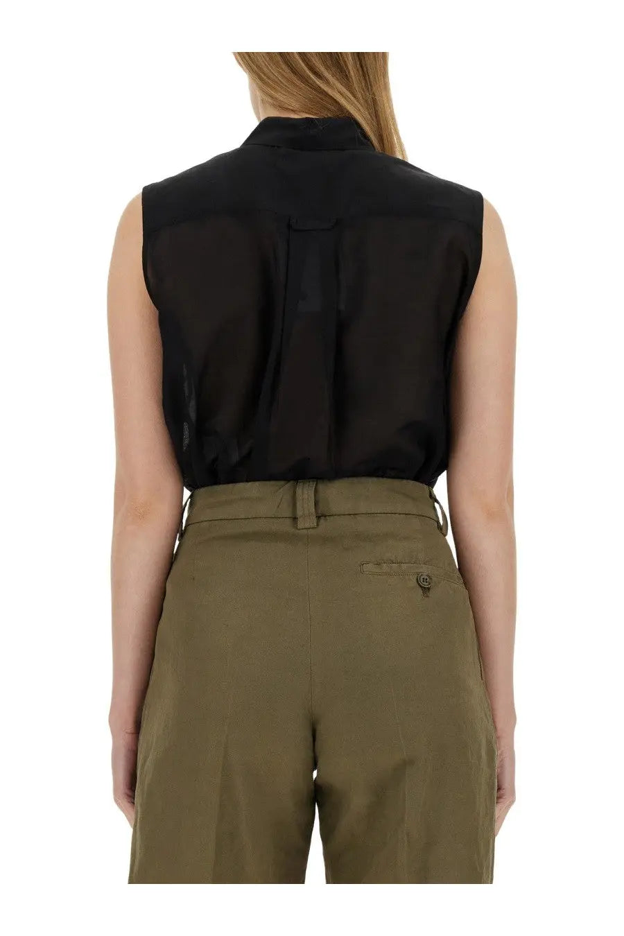 Aspesi women’s black silk blend sleeveless blouse with collar and back pleats showing the back side