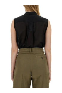 Aspesi women’s black silk blend sleeveless blouse with collar and back pleats showing the back side
