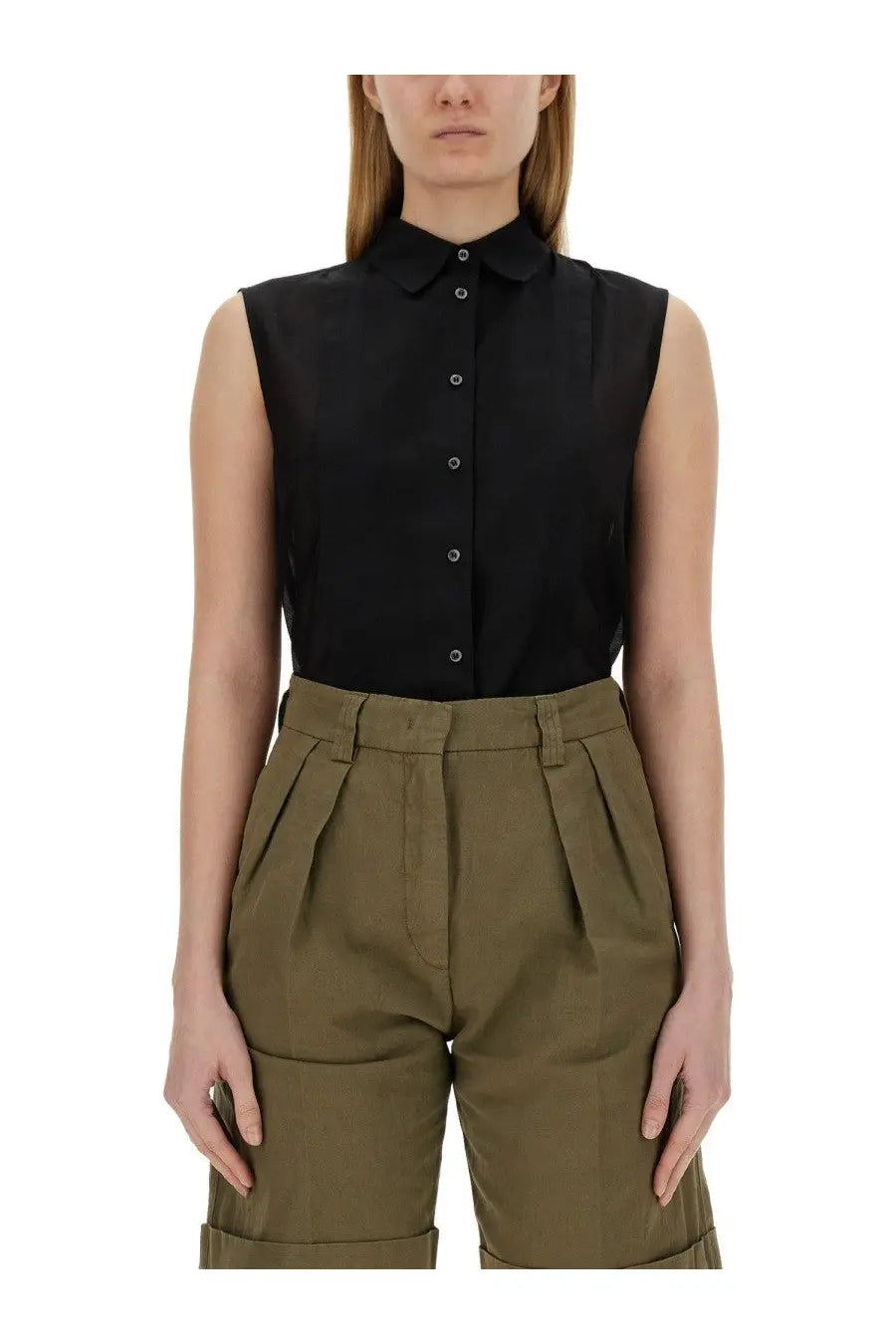 Aspesi women’s black sleeveless silk blend blouse with classic collar and subtle pleats for elegant wear
