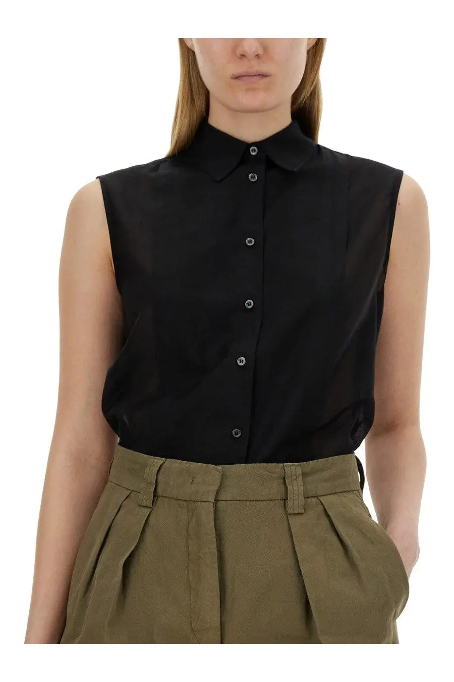 Aspesi women’s black silk blend sleeveless blouse with classic collar and subtle front pleats