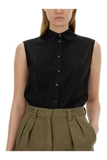 Aspesi women’s black silk blend sleeveless blouse with classic collar and subtle front pleats