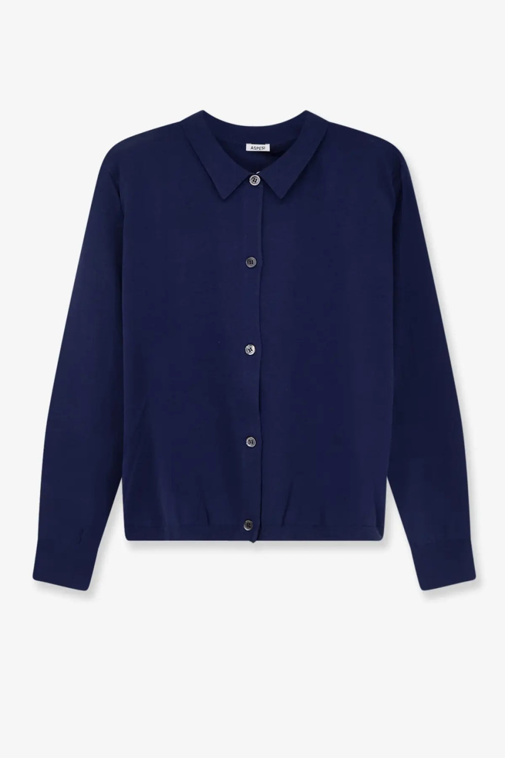 Aspesi women’s navy blue long-sleeved silk and linen blend cardigan with classic collar and silver buttons