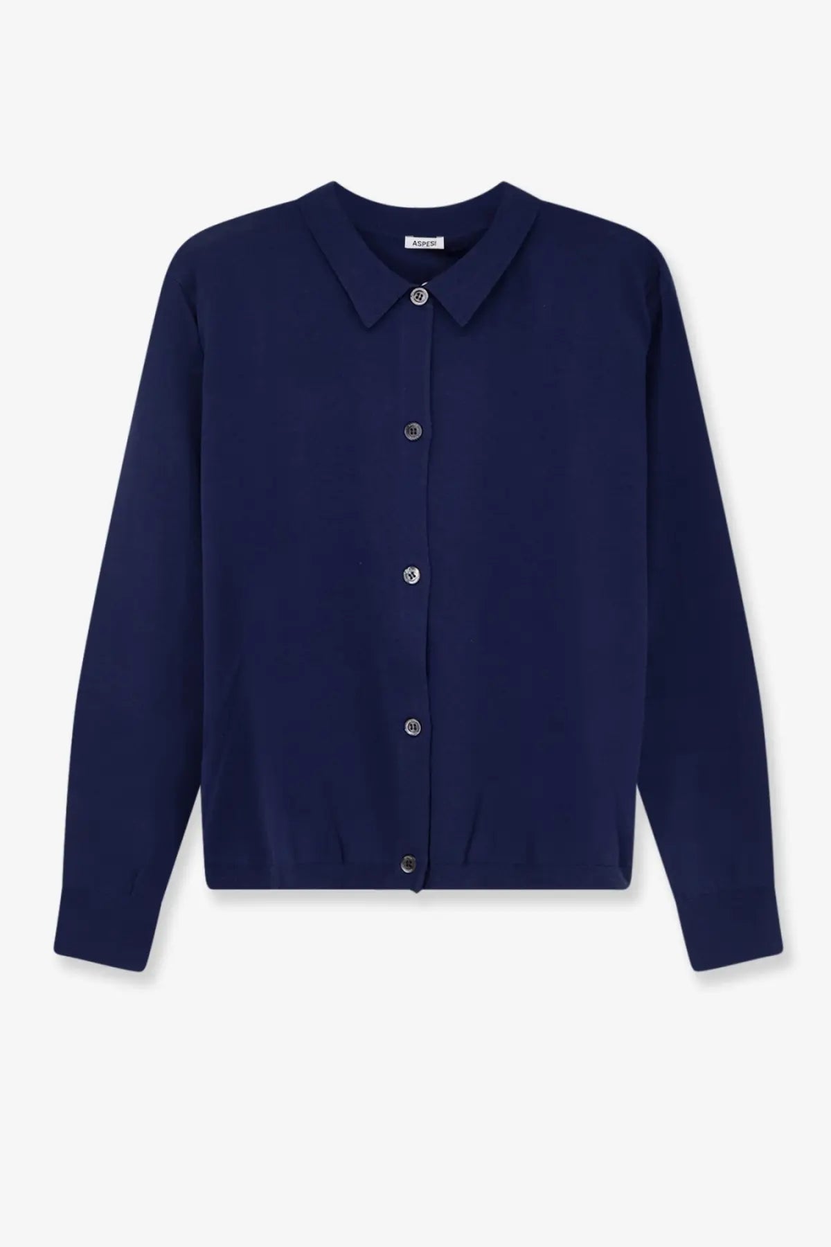 Aspesi women’s navy blue long-sleeved silk and linen blend cardigan with classic collar and silver buttons