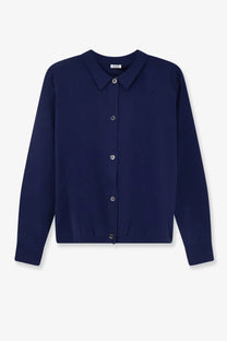 Aspesi women’s navy blue long-sleeved silk and linen blend cardigan with classic collar and silver buttons