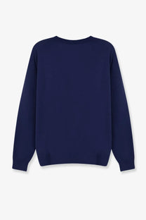 Navy blue long-sleeved crewneck sweater for women made of silk and linen by Aspesi in a front view