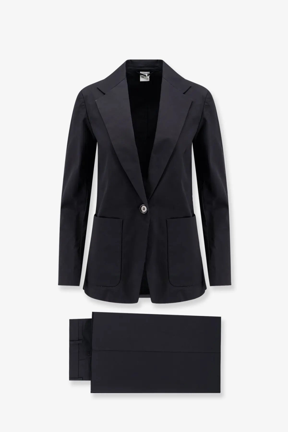 Aspesi women’s black stretch cotton tailored blazer with single button closure and flap pockets paired with trousers