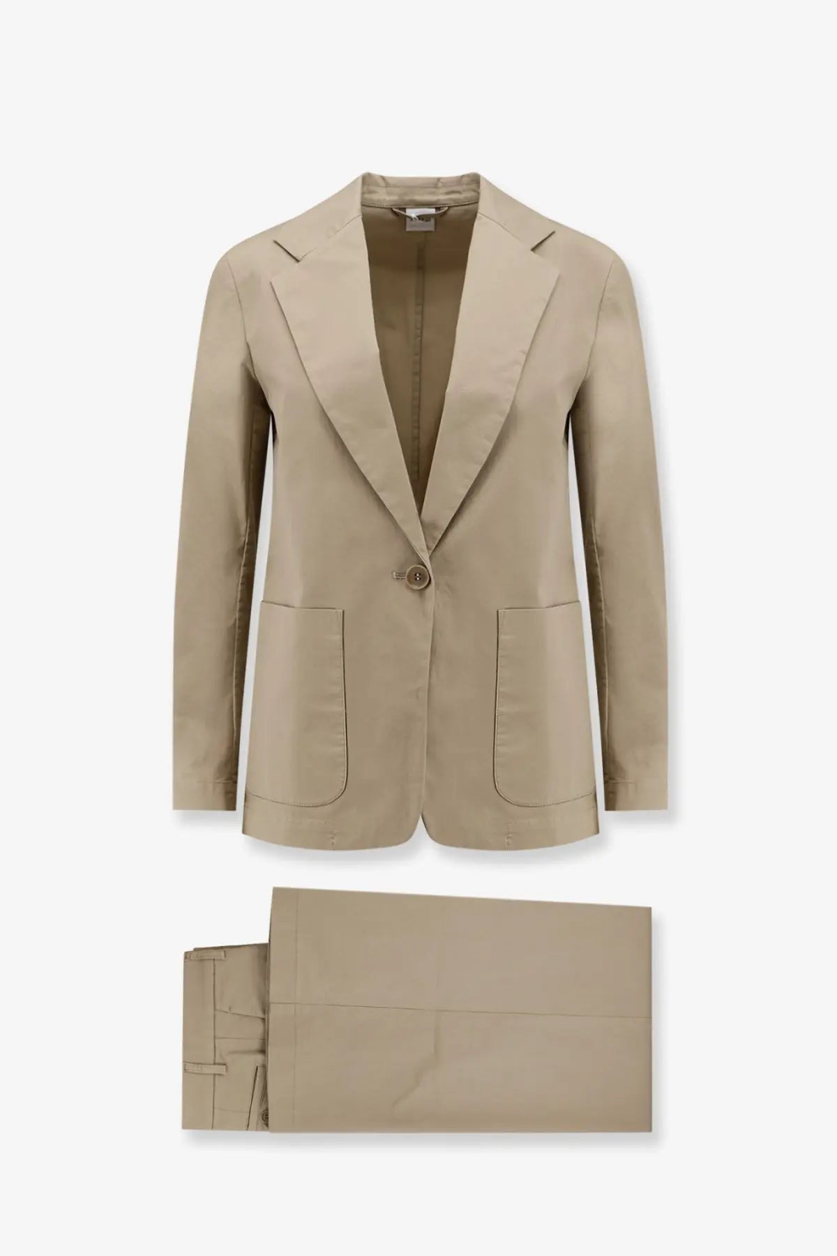 Beige aspesi women’s stretch cotton tailored blazer with single button and flap pockets paired with matching trousers