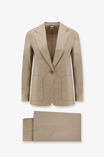 Beige aspesi women’s stretch cotton tailored blazer with single button and flap pockets paired with matching trousers