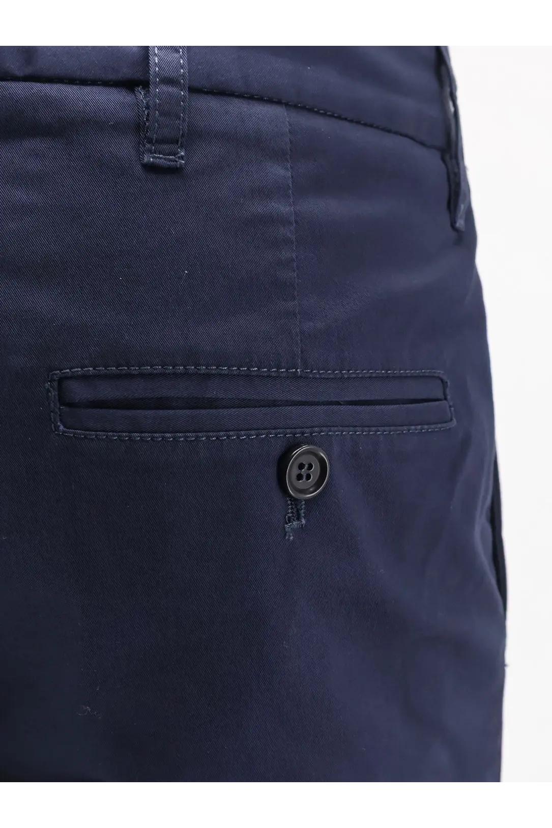 Aspesi women’s stretch cotton dark navy chino pants with subtle woven texture and black button front pocket fastening
