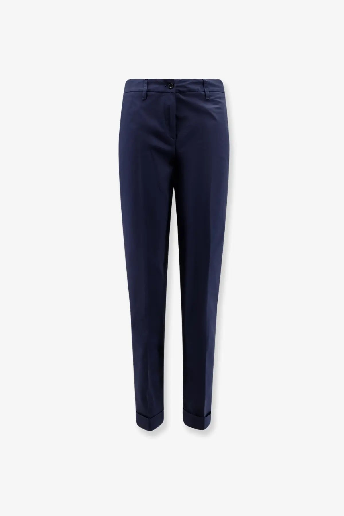 Navy blue aspesi women’s stretch cotton trousers with a sleek straight-leg cut and rolled cuffs