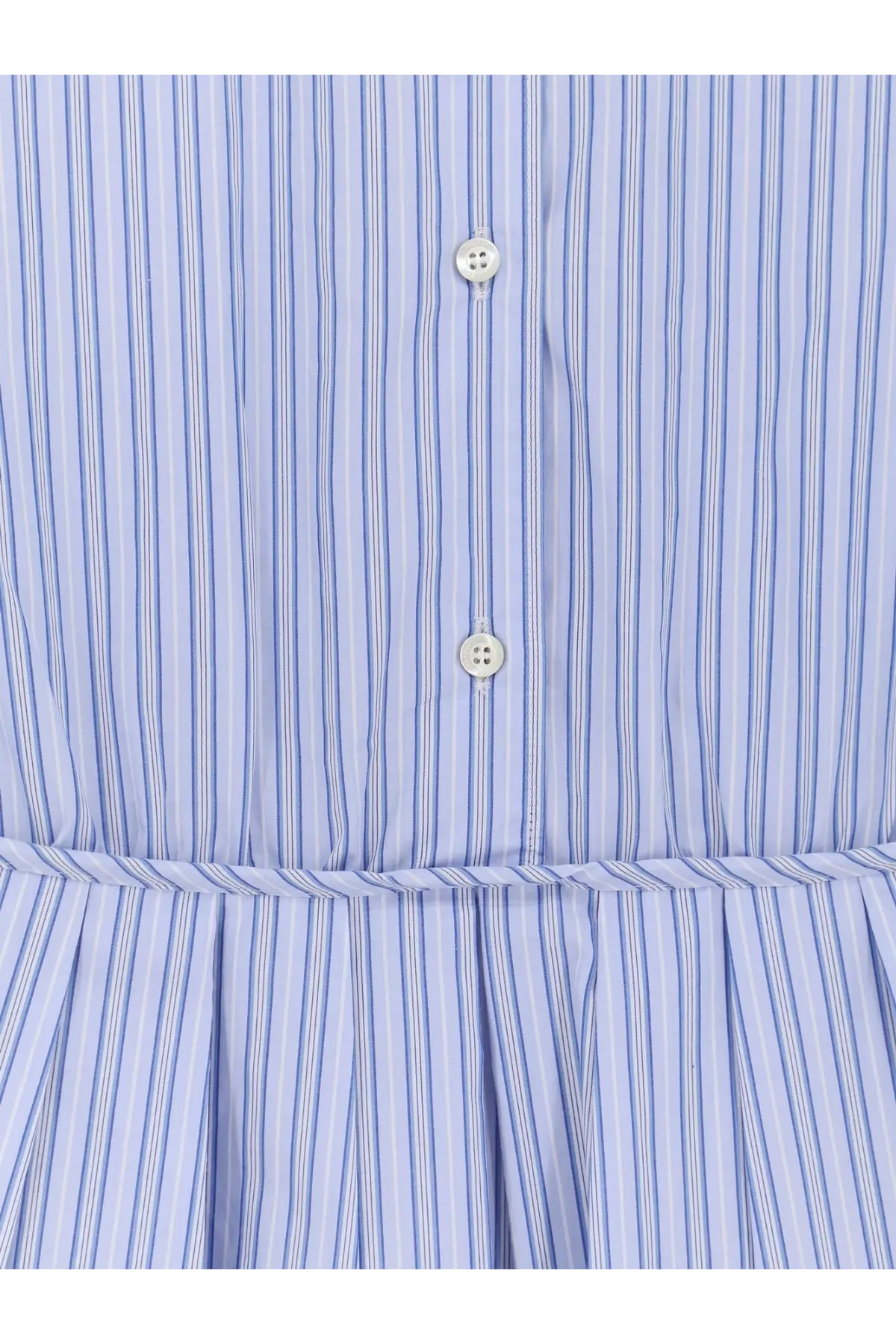 Aspesi women’s striped cotton dress in blue featuring light blue and white vertical stripes with a button-front closure