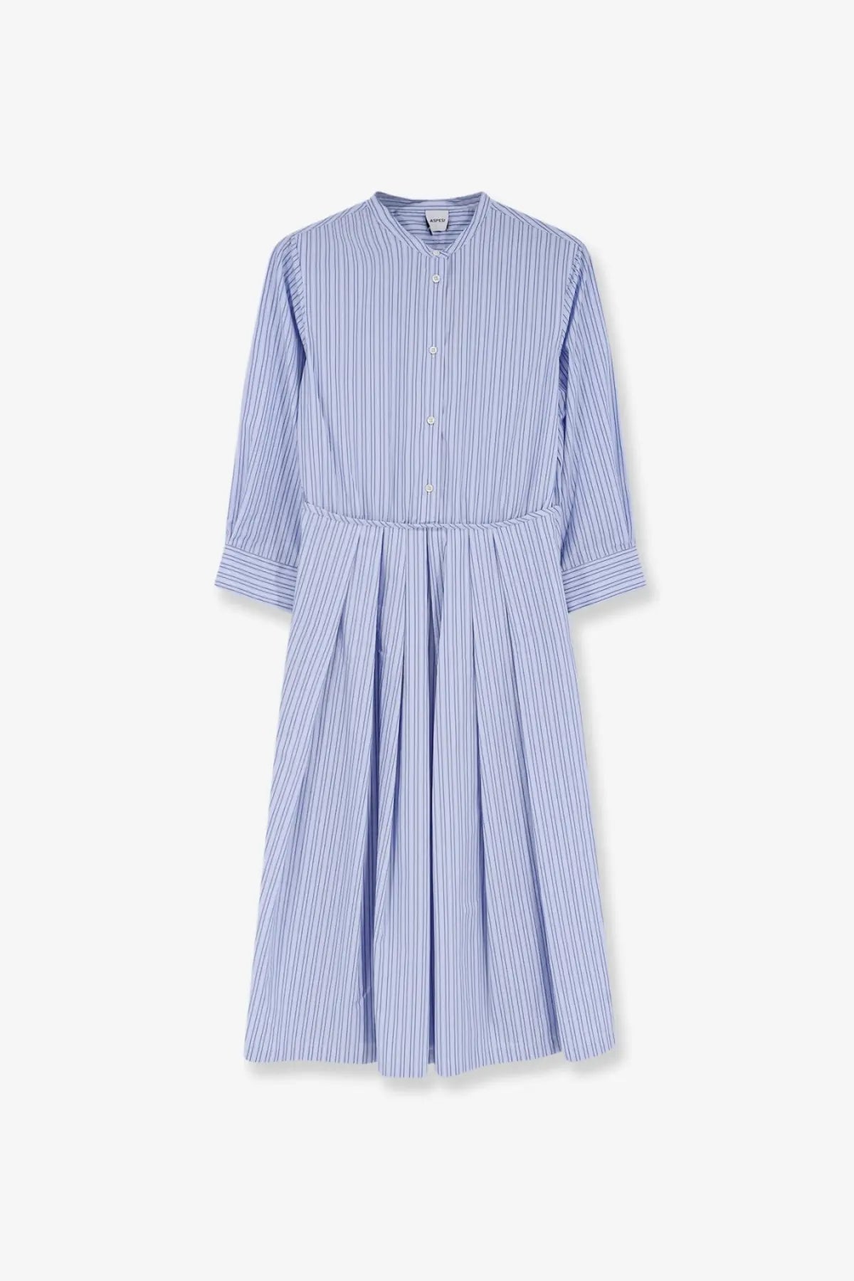 Aspesi women’s striped cotton dress in blue with light blue and white vertical stripes and a cinched waist