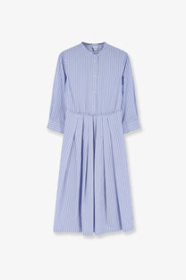 Aspesi women’s striped cotton dress in blue with light blue and white vertical stripes and a cinched waist