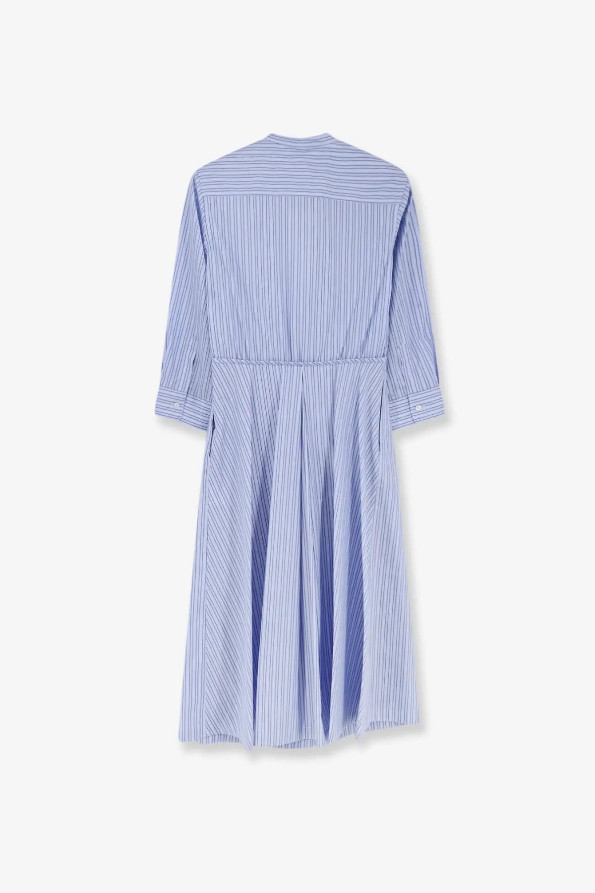 Aspesi women’s striped cotton shirt dress in blue and white with fitted waist and three quarter length sleeves