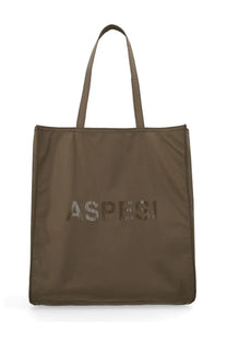 Olive green aspesi tote bag with subtle tonal logo print across the front perfect for everyday use