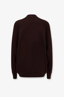 Aspesi women’s dark brown long-sleeved virgin wool sweater with ribbed crew neckline and cuffs