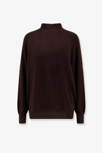 Aspesi women’s soft dark brown virgin wool turtleneck sweater with relaxed fit and ribbed cuffs