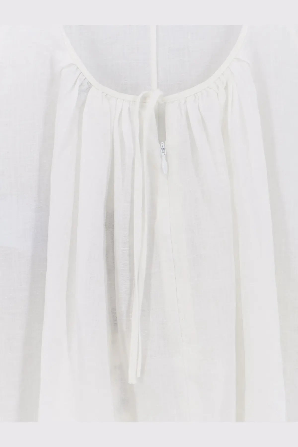 Aspesi womens vissuto linen dress white with white lightweight blouse featuring gathered neckline and front tie closure