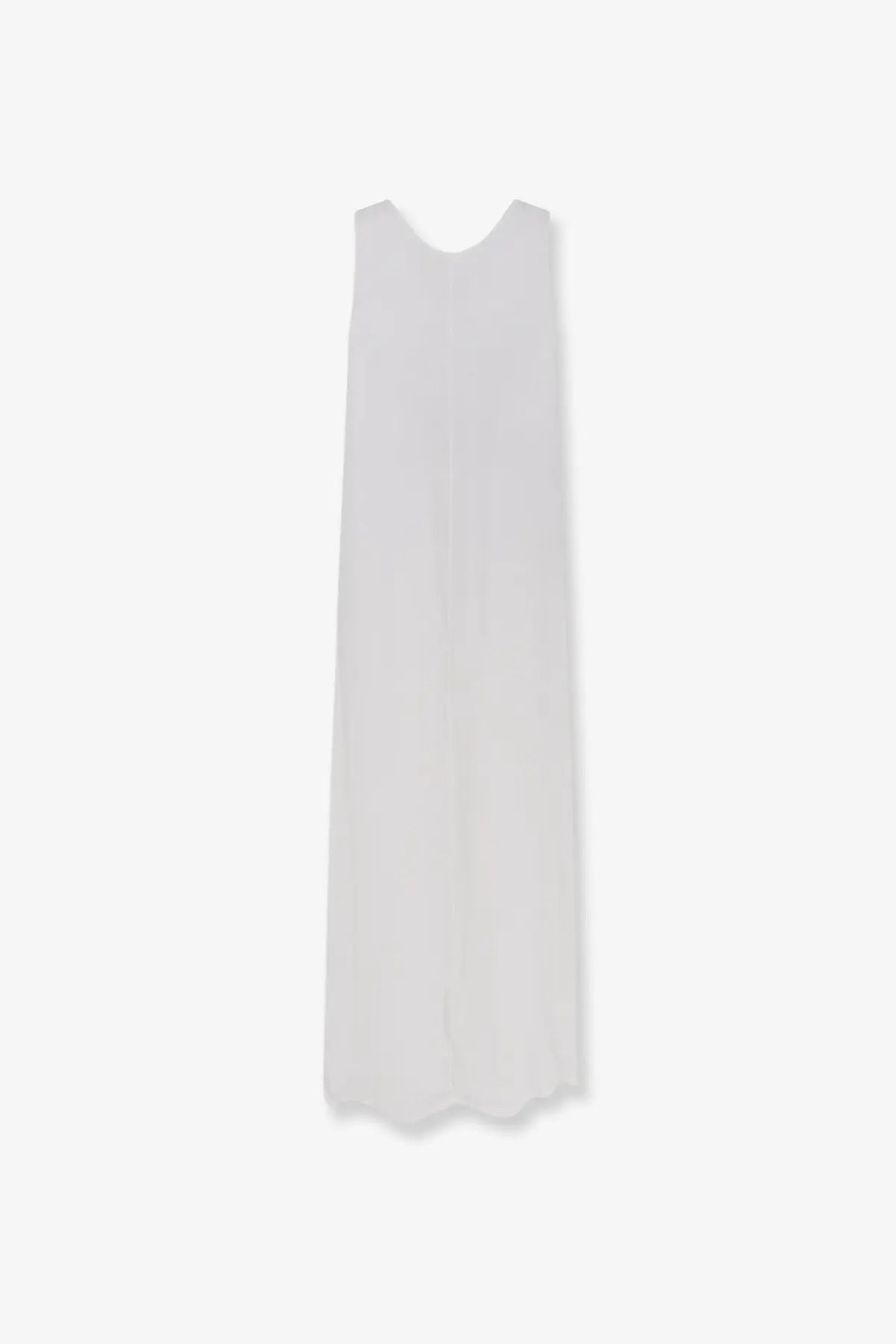 A flowing white sleeveless linen maxi dress with subtle v-neckline and scalloped hem by Aspesi women’s vissuto