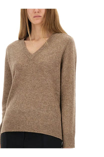 Aspesi women’s wool blend beige v neck sweater with heathered camel color ribbed cuffs and hem