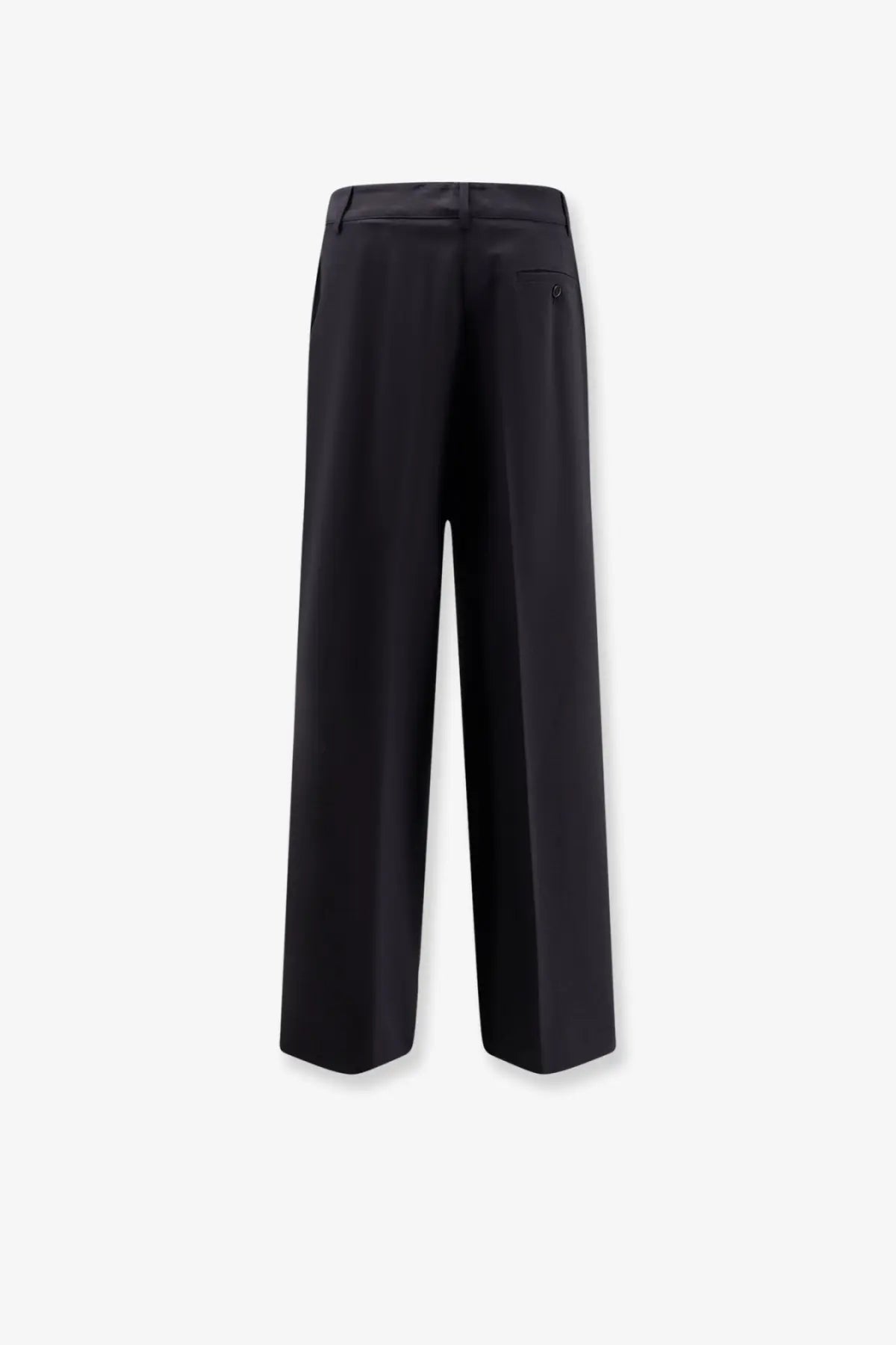 Black wide-leg wool blend trousers by Aspesi with a tailored fit and subtle back pleats shown from the back side