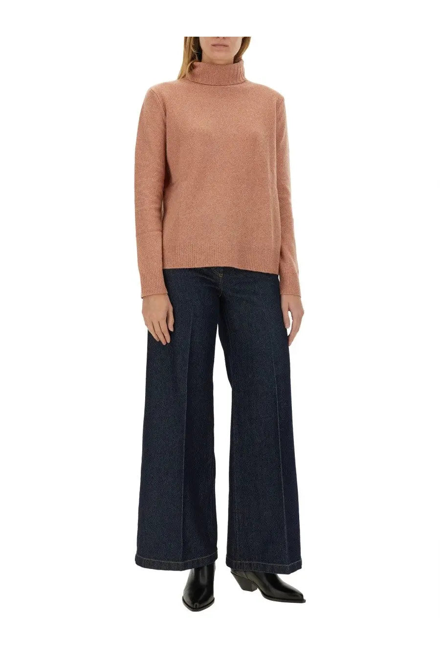 Aspesi women’s wool jersey blue soft peach long-sleeved turtleneck sweater with ribbed hem and cuffs