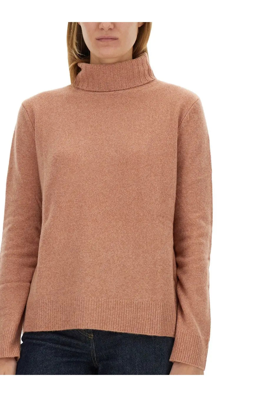 A soft peach-colored turtleneck sweater with ribbed knit texture and long sleeves in aspesi women’s wool jersey blue collection