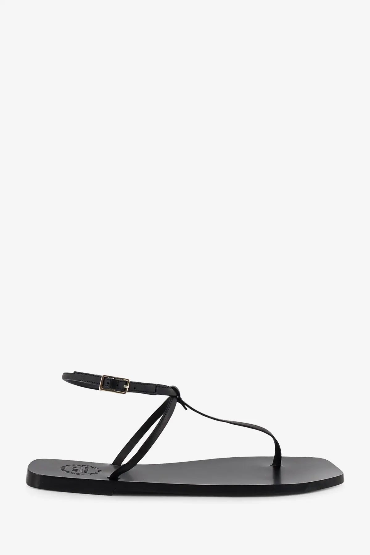 Black leather thong sandal with minimalist design and silver-toned buckle by ATP Atelier women’s Alassio