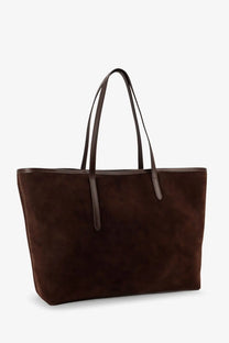 ATP Atelier women’s Eraclea suede shoulder bag in brown with sleek dark brown suede and matching leather handles