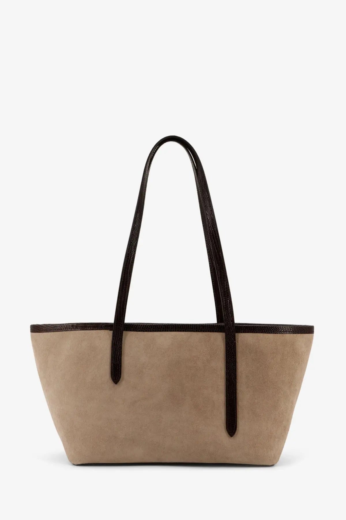 Beige suede tote bag with dark brown leather handles and trim from ATP Atelier womens gaiba collection