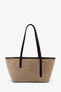 Beige suede tote bag with dark brown leather handles and trim from ATP Atelier womens gaiba collection