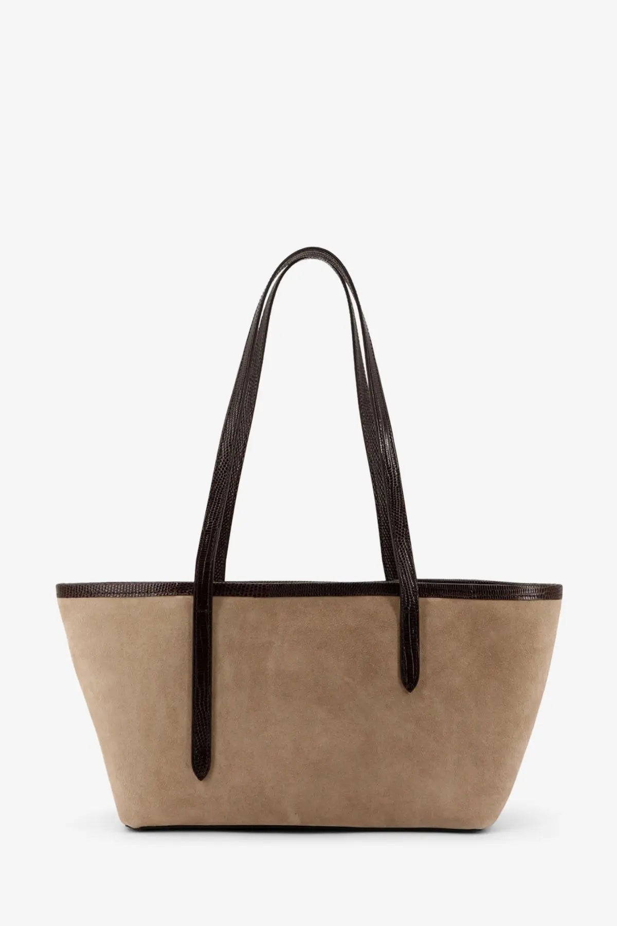 Beige suede tote bag with dark brown textured handles and trim by ATP Atelier womens gaiba shoulder bag brown