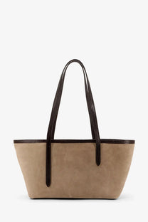 Beige suede tote bag with dark brown textured handles and trim by ATP Atelier womens gaiba shoulder bag brown
