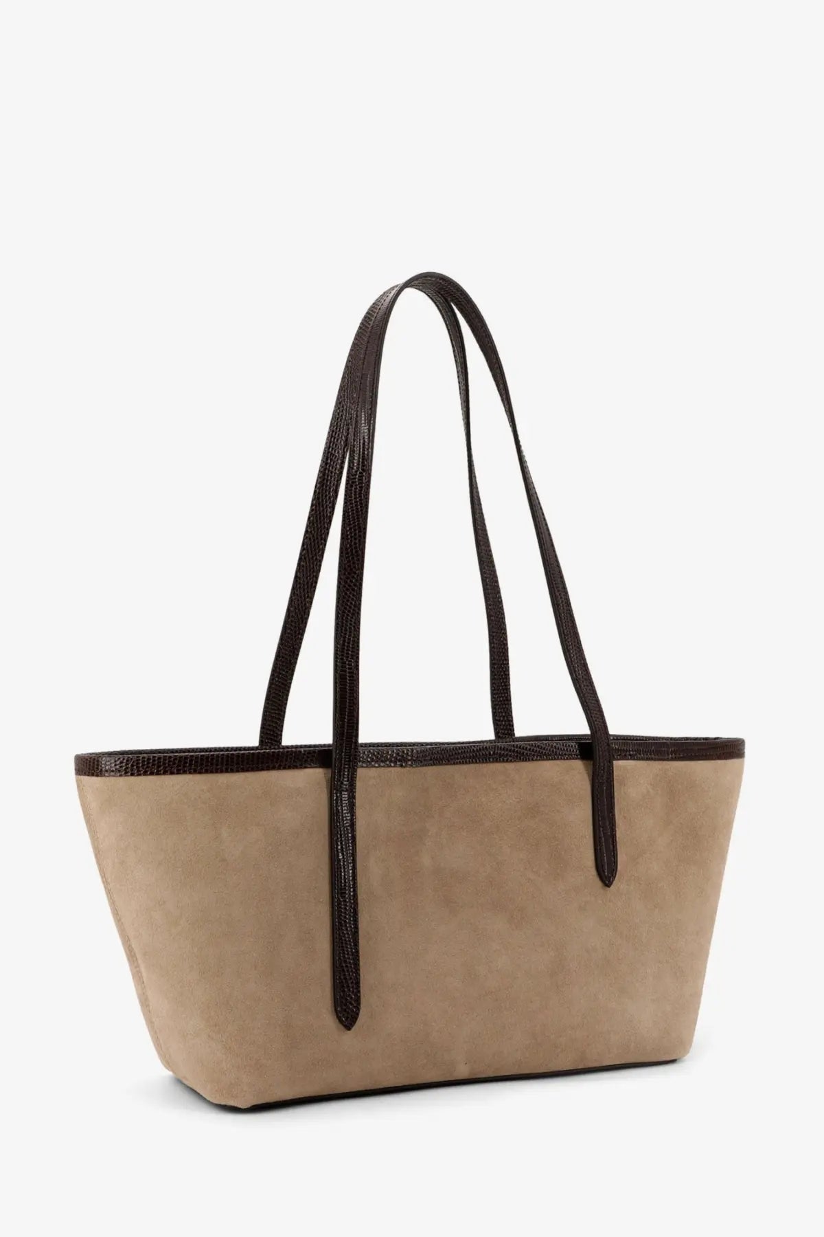 Tan suede tote bag with dark brown textured leather handles and trim from atp atelier womens gaiba collection