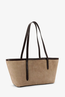 Tan suede tote bag with dark brown textured leather handles and trim from atp atelier womens gaiba collection