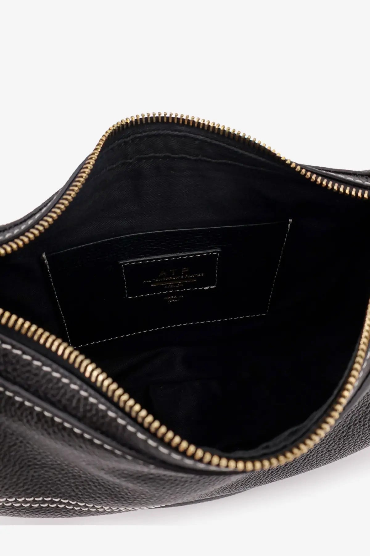 Atp atelier women’s liveri black leather crossbody bag with textured leather gold-tone zipper and white stitching
