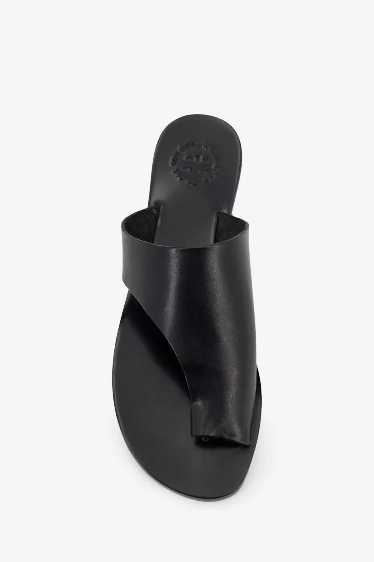 Black leather flip-flop sandal with minimalist design and toe loop from ATP Atelier womens Rosa collection