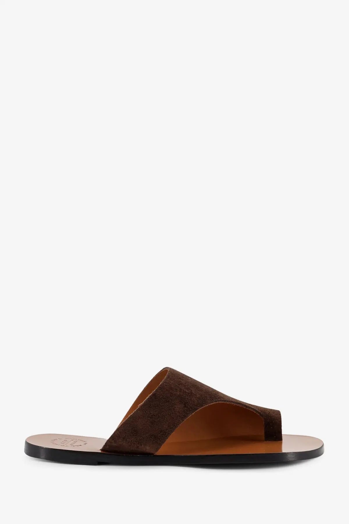Brown suede slide sandal with tan leather interior and black rubber sole from ATP Atelier women’s rosa collection