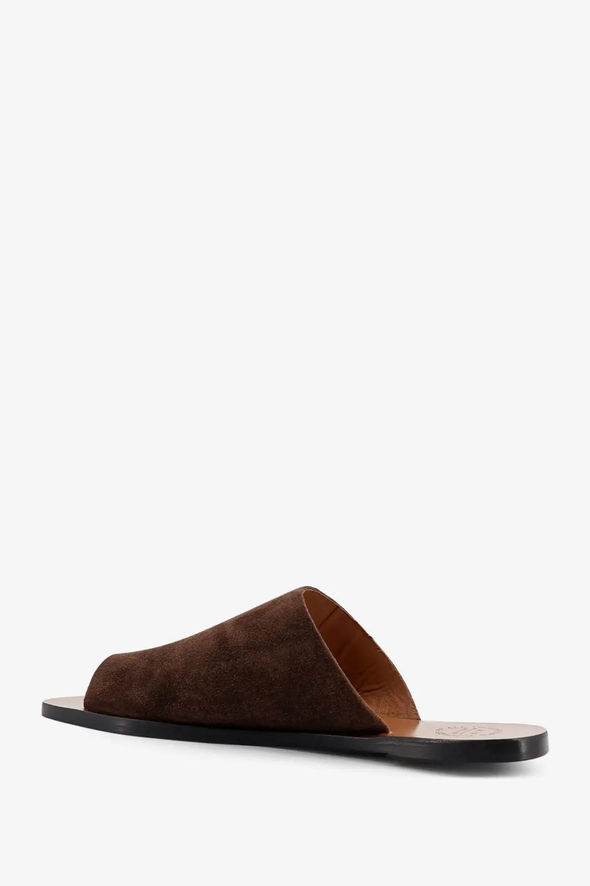 Atp Atelier women’s rosa suede slip-on sandal in brown with black rubber sole and tan leather lining