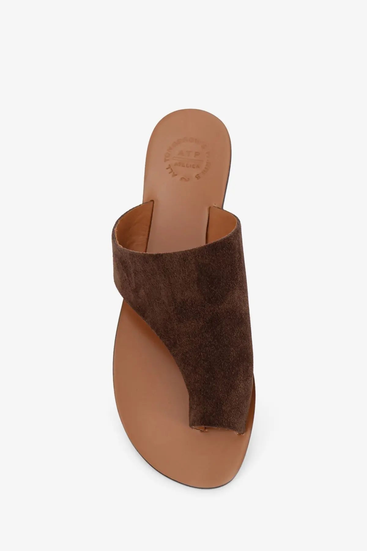 Brown suede thong sandal with tan leather sole and insole by ATP Atelier women’s rosa suede sandals brown