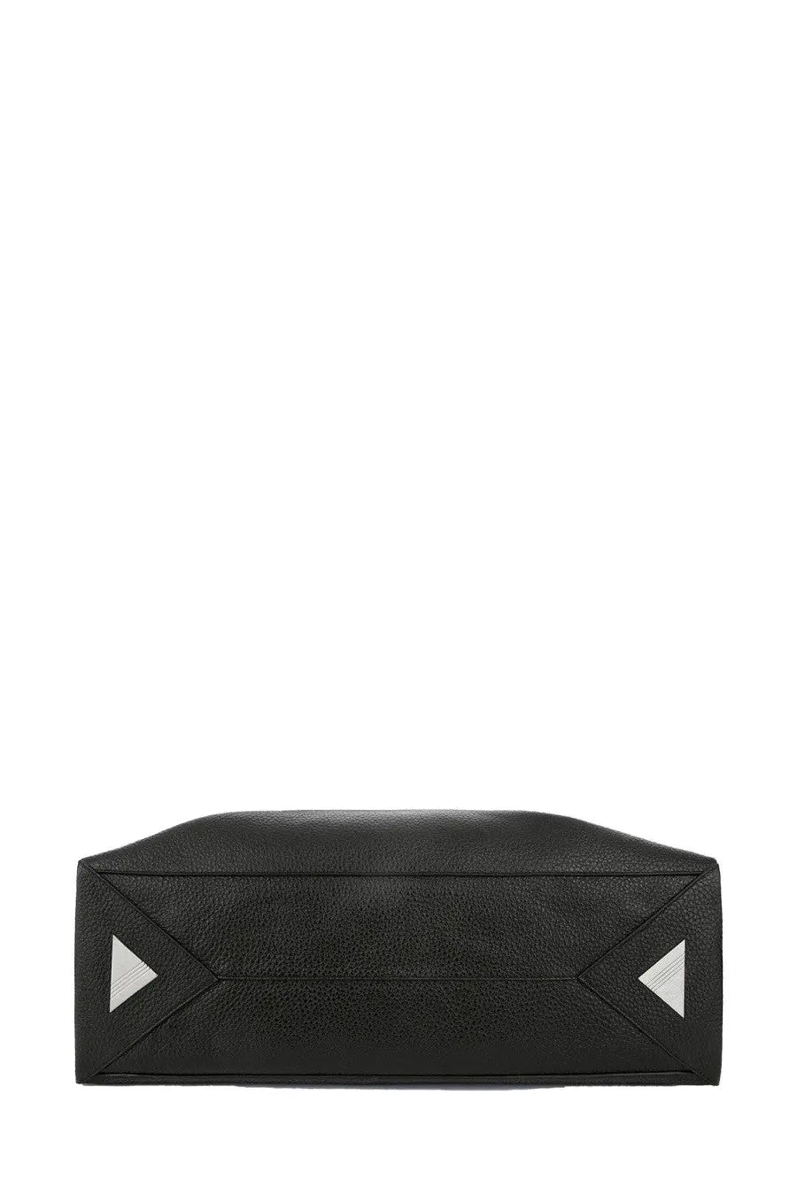 The Attico women’s bag the walk large black is a black textured leather tote with silver triangular corner accents