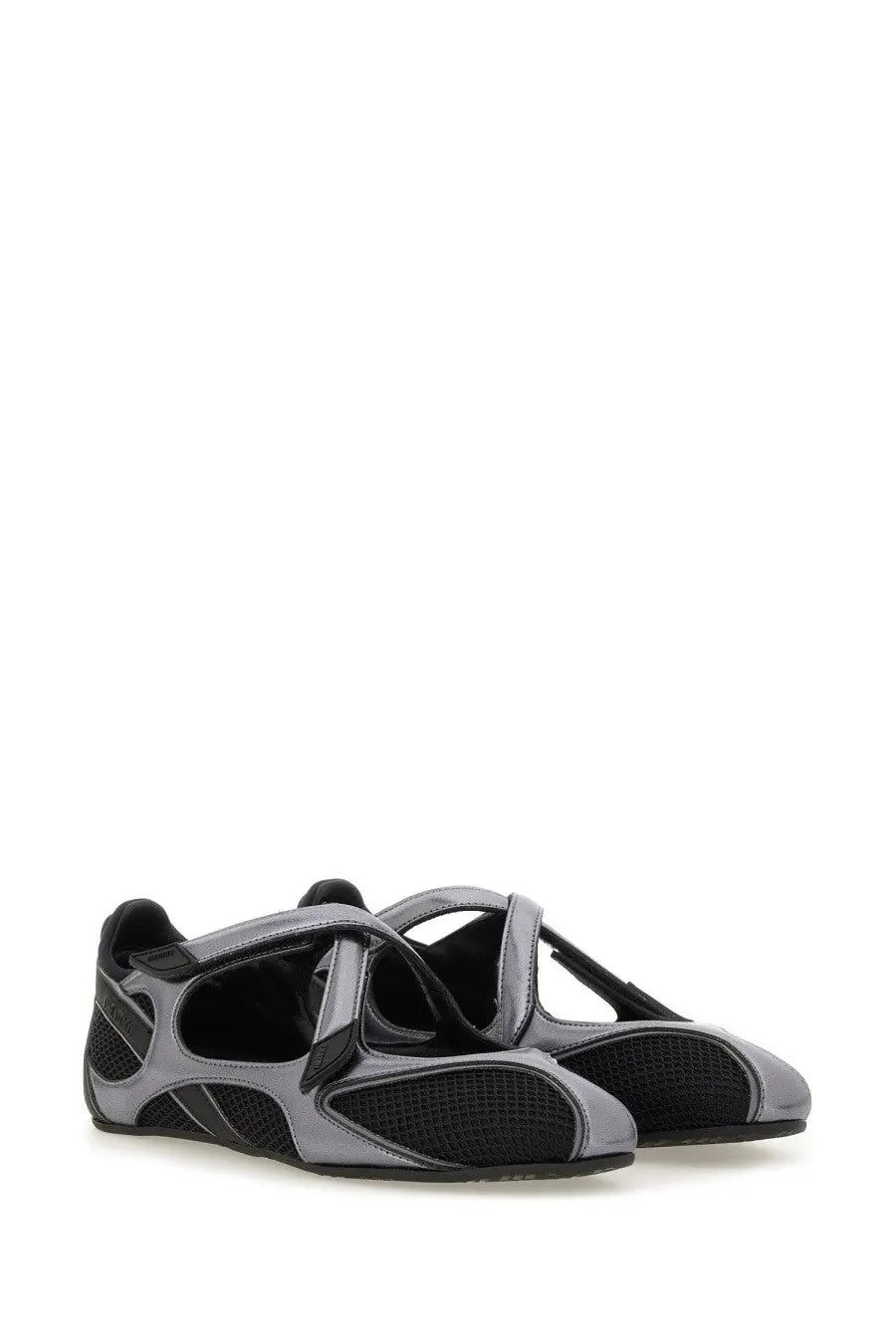 The attico women’s ballerina flat floor black sneaker in black and metallic gray mesh and patent leather design