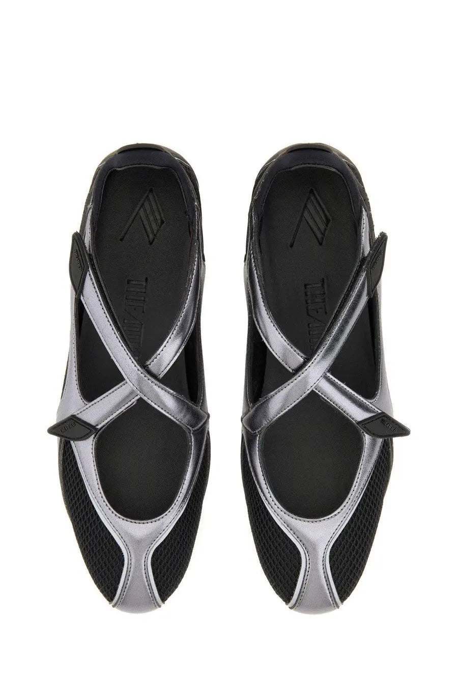 The attico women’s ballerina flat floor black silver and black mesh ballet flats with sleek crisscross straps