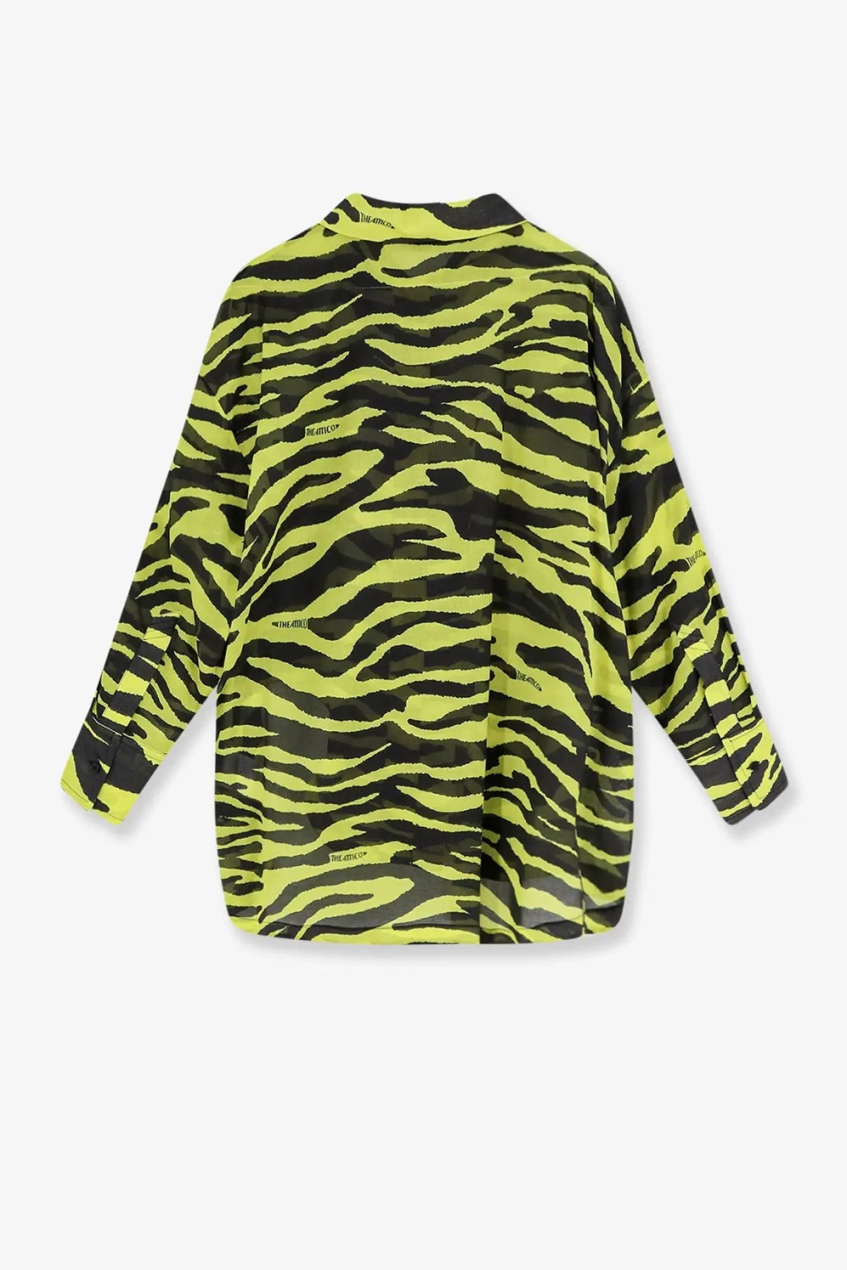 The attico women’s beachwear cotton shirt is a neon green and black zebra-striped long-sleeved blouse with a relaxed fit