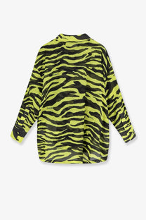 The attico women’s beachwear cotton shirt is a neon green and black zebra-striped long-sleeved blouse with a relaxed fit